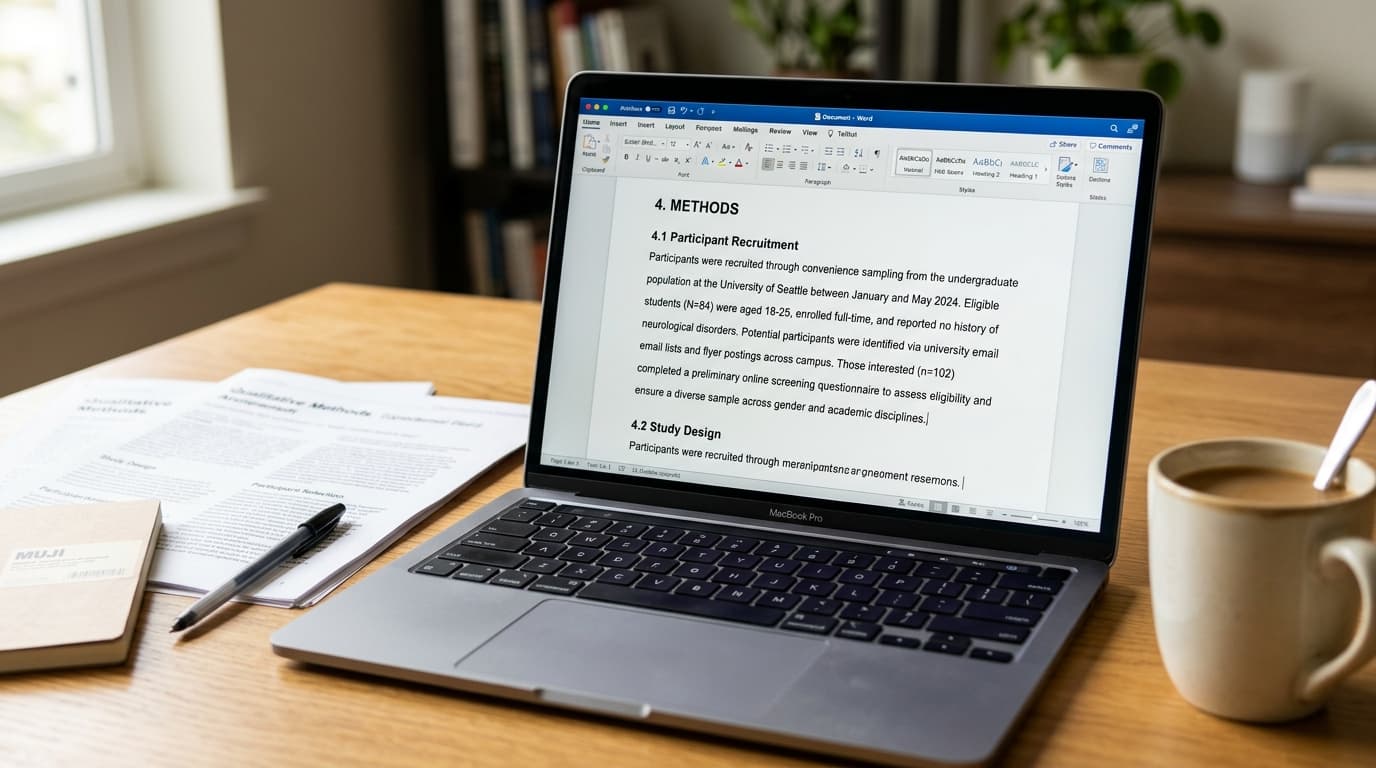 Methods section in Word with academic prose, journal articles and coffee on the desk