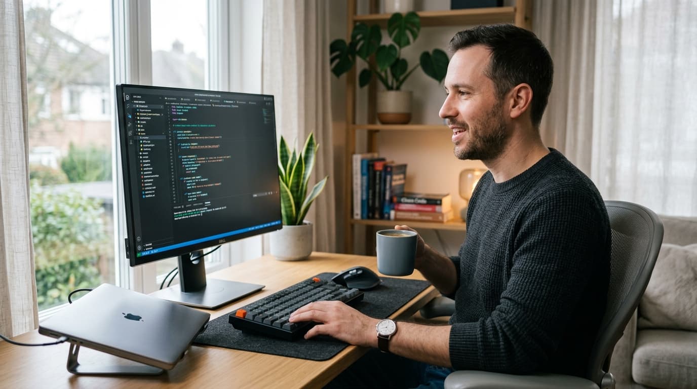 Developer at a MacBook with VS Code open, speaking while coding