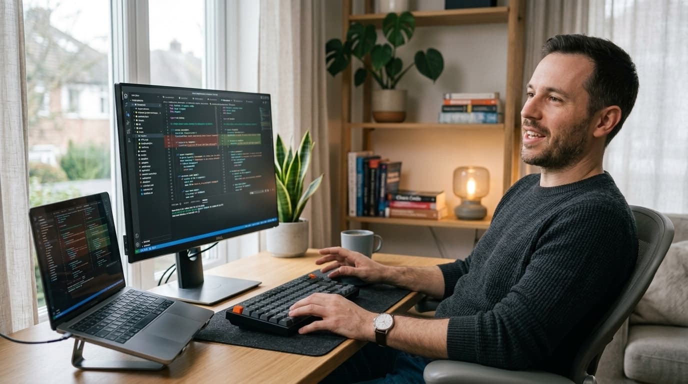 Developer leaning back, speaking a code review while his hand rests near the keyboard