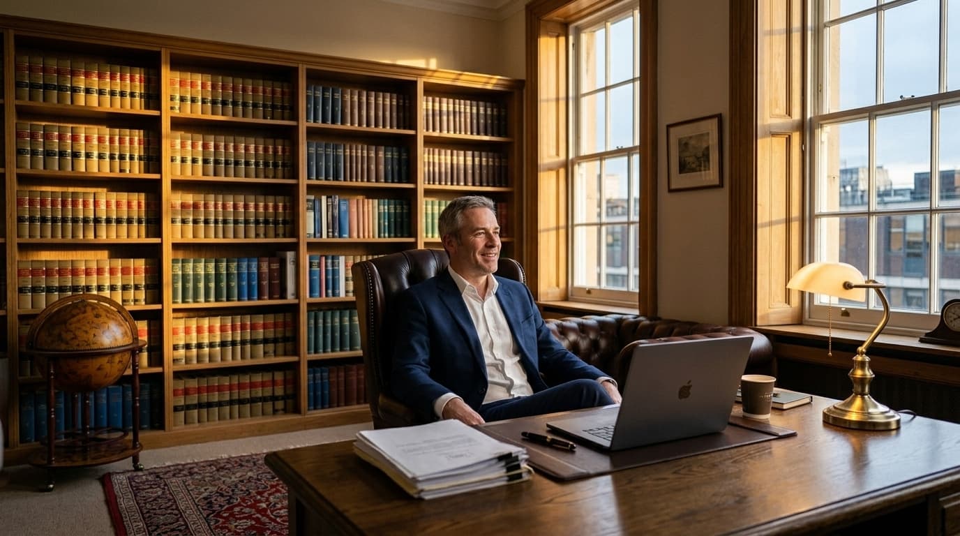 Lawyer sitting back at end of day, documentation complete, satisfied expression