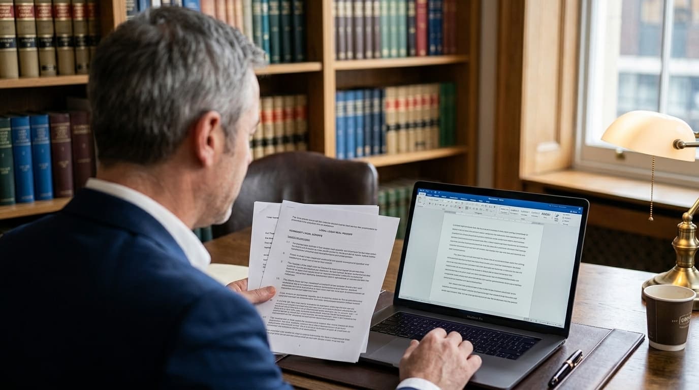 Lawyer reviewing printed documents alongside his laptop